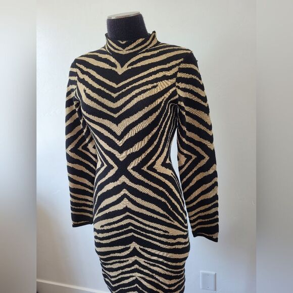 Zebra Print Bodycon Knit Dress Mock Neck Long Sleeve Club Party Mob Wife Small - Picture 3 of 10